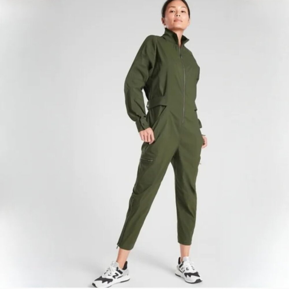 Athleta Lenox Jumpsuit Utility Pants Tuscan‎ Olive Green Pockets Zip Front - 0
